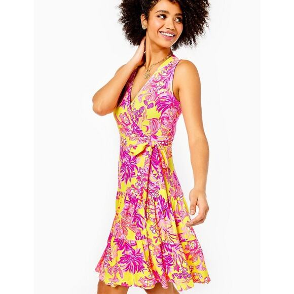 Lilly Pulitzer Dresses & Skirts - Lilly Pulitzer Folly Wrap Dress Pink Yellow XS Calla Yellow